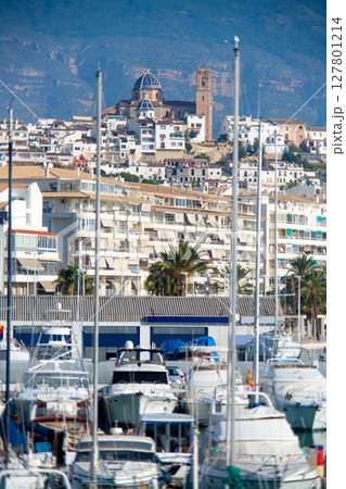 Altea village in alicante with marina boats foreground Altea village in alicante with marina boats foreground 127801214