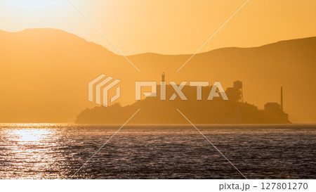 Alcatraz island penitentiary at sunset backlight in san Francisco 127801270