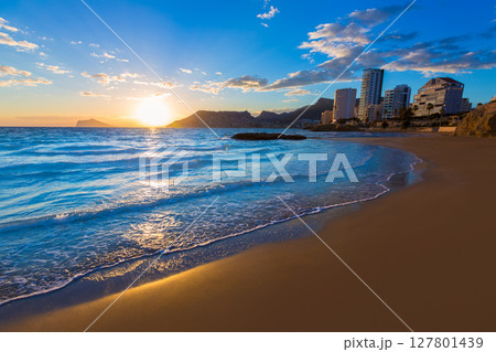 Calpe Alicante sunset at beach Cantal Roig in Spain Calpe Alicante sunset at beach Cantal Roig in Spain 127801439