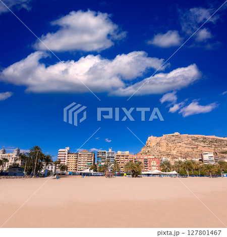 Alicante Postiguet beach and castle Santa Barbara in Spain 127801467
