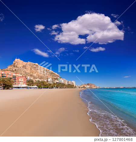 Alicante Postiguet beach and castle Santa Barbara in Spain 127801468