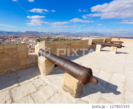 Alicante skyline and old canyons of Santa Barbara Castle Alicante skyline and old canyons of Santa Barbara Castle 127801545