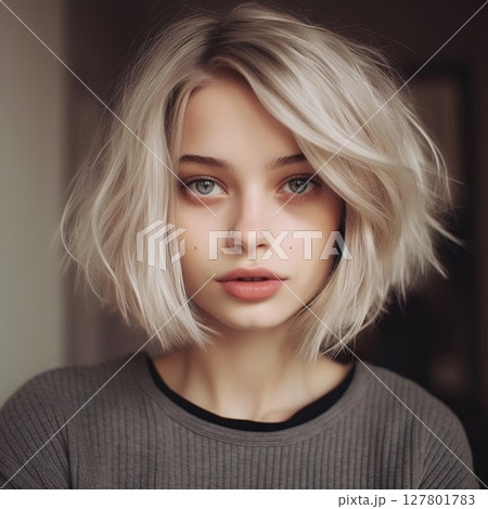 Portrait of a beautiful young woman with blond hair and bob haircut. Generated AI 127801783