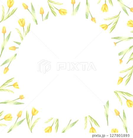 Watercolor round delicate hand painted frame of small yellow tulips 127801893