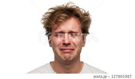 Asian Man in White T-Shirt Showing Gratitude with Praying Hands - Peaceful and Respectful Expression for Mindfulness or Wellness Concept 127801987
