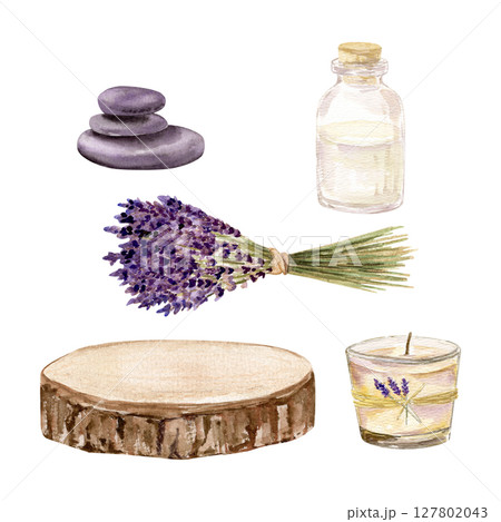Watercolor hand drawn set of aroma candle, bottle with essential oil, lavender bouquet, stones and wooden frame Watercolor hand drawn set of aroma candle, bottle with essential oil, lavender bouquet, stones and wooden frame 127802043