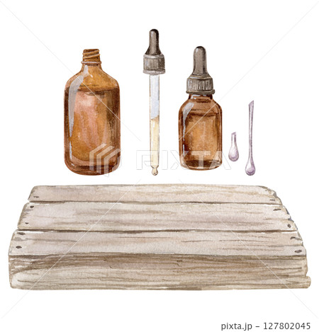 Watercolor hand drawn set of essential oil bottles, with pipette, aroma oil drops, wooden tabletop 127802045