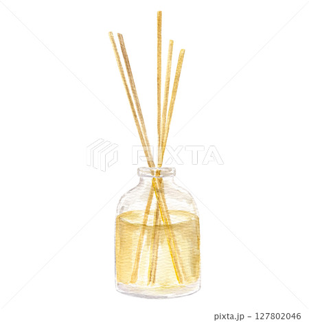 Watercolor hand drawn illustration with aroma difuser in glass with essential oil and sticks.  127802046