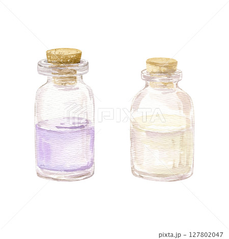 Watercolor hand drawn illustration set with two bottle with different essential oil 127802047