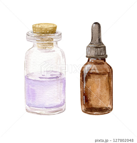 Watercolor hand drawn set with one bottle with a pipette inside, second bottle with essential oil Watercolor hand drawn set with one bottle with a pipette inside, second bottle with essential oil 127802048
