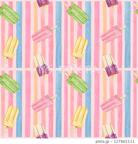 Watercolor seamless pattern with three flavors ice creams on colored stripes on a pink background Watercolor seamless pattern with three flavors ice creams on colored stripes on a pink background 127802111