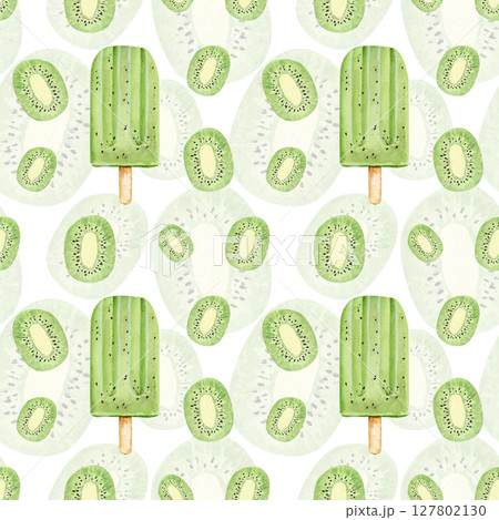 Watercolor seamless pattern with kiwi ice cream sorbet and kiwi on a white background 127802130