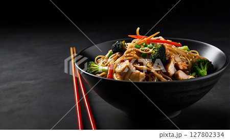 A delicious bowl of chicken and vegetable noodles is presented with chopsticks on a dark background A delicious bowl of chicken and vegetable noodles is presented with chopsticks on a dark background 127802334