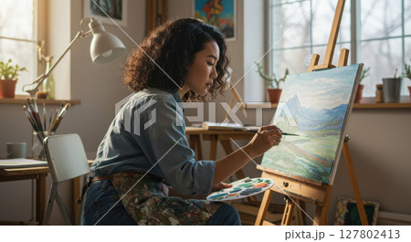 Focused Asian Woman Painting Landscape on Canvas in Bright Art Studio 127802413