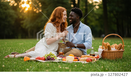 Interracial Couple Enjoying Romantic Picnic in the Park at Sunset Interracial Couple Enjoying Romantic Picnic in the Park at Sunset 127802427