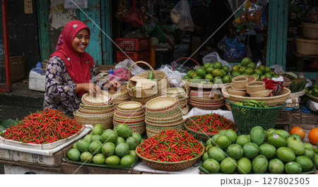 Indonesian Woman Selling Fresh Produce and Handmade Baskets at Traditional Market 127802505