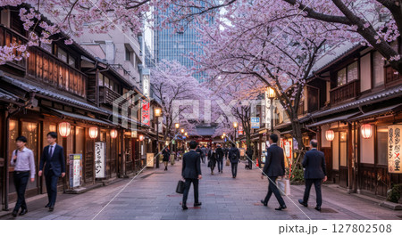 Japanese Business District Street with Cherry Blossoms in Full Bloom 127802508