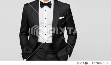 Elegant Man in Classic Black Tuxedo with Bow Tie and White Shirt on Light Background 127802509
