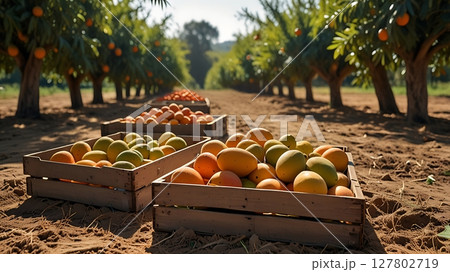 Close-up of ripe mangoes in orange plastic crates placed on sunlit orchard soil with soft shadows and natural texture 127802719