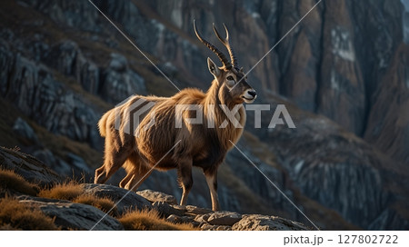 Pakistan's national animal, the markhor, standing majestically on a rugged mountain slope 127802722