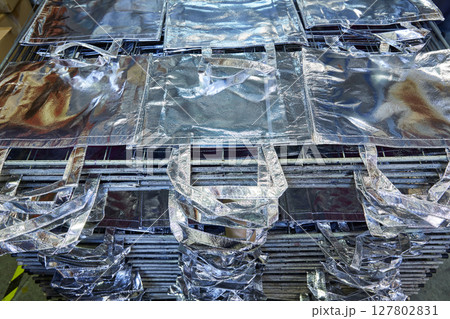 bags factory in silver fabric stacked bags factory in silver fabric stacked 127802831