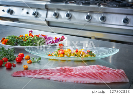 Ceviche dish preparation in restaurant kitchen Ceviche dish preparation in restaurant kitchen 127802838