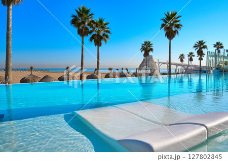 Resort infinity pool in a beach with palm trees Resort infinity pool in a beach with palm trees 127802845