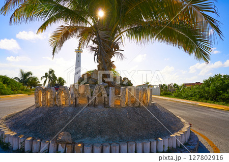 Mahahual word sign and lighthouse Mexico Mahahual word sign and lighthouse Mexico 127802916