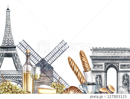 A frame with images of Parisian landmarks and products. Hand-drawn watercolor illustration. Wine, grapes, baguettes, cheese, croissants, and macaroon, the Eiffel Tower, the Arc de Triomphe, and a mill 127803125
