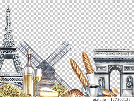 A frame with images of Parisian landmarks and products. Hand-drawn watercolor illustration. Wine, grapes, baguettes, cheese, croissants, and macaroon, the Eiffel Tower, the Arc de Triomphe, and a mill 127803125