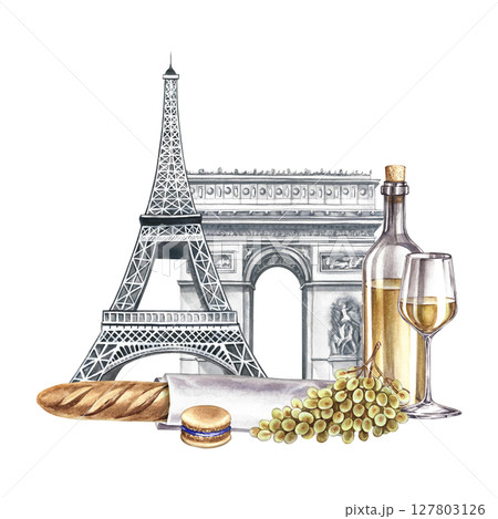 Paris. Hand-drawn watercolor illustration. Bottle of wine, glass, bunch of grapes, and baguette on the background of the Eiffel Tower and the Arc de Triomphe. For labels, banners, and posters and more 127803126
