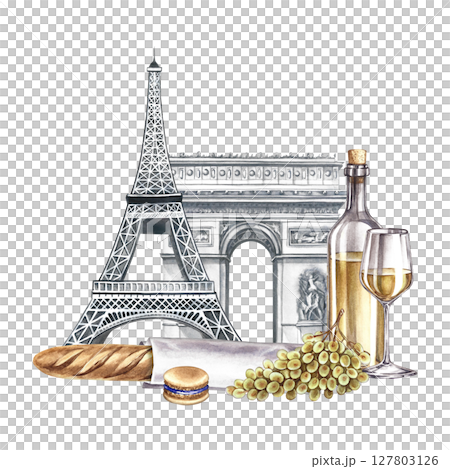 Paris. Hand-drawn watercolor illustration. Bottle of wine, glass, bunch of grapes, and baguette on the background of the Eiffel Tower and the Arc de Triomphe. For labels, banners, and posters and more 127803126