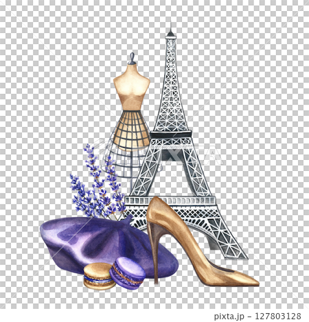 Parisian fashion. The illustrations are hand-drawn watercolors. A beret, lavender, women's shoes, almond cookies, and a tailor's dummy against the backdrop of the Eiffel Tower. A journey to France. 127803128