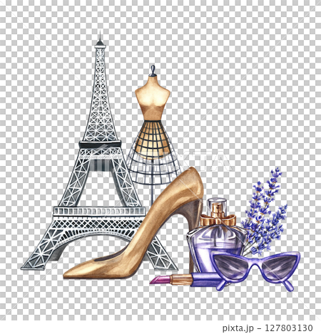 Parisian fashion. The illustrations are hand-drawn watercolors. Perfume, lavender, glasses, women's shoes, and a tailor's dummy against the backdrop of the Eiffel Tower. International Women's Day. 127803130