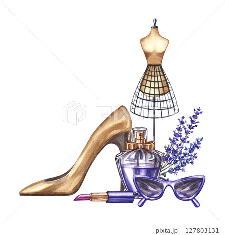 Perfume bottle, lavender flowers, fashion glasses, lipstick, women's shoes, and a tailor's dummy. Hand-drawn watercolor illustrations. Beauty and fashion. International Women's Day. Perfume bottle, lavender flowers, fashion glasses, lipstick, women's shoes, and a tailor's dummy. Hand-drawn watercolor illustrations. Beauty and fashion. International Women's Day. 127803131