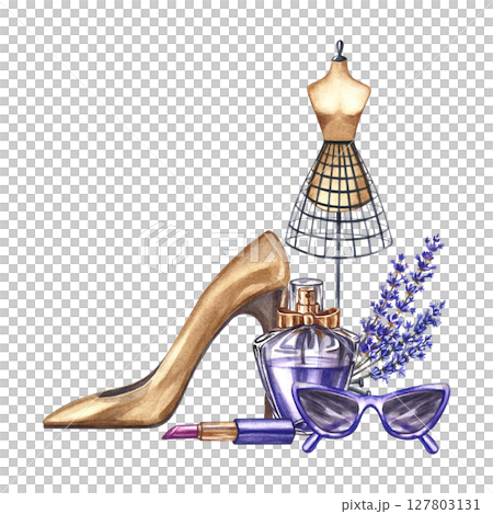 Perfume bottle, lavender flowers, fashion glasses, lipstick, women's shoes, and a tailor's dummy. Hand-drawn watercolor illustrations. Beauty and fashion. International Women's Day. 127803131