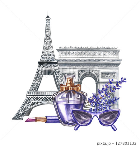 Perfume bottle, lavender flowers, fashion glasses, lipstick against the background of France's landmarks. Hand-drawn watercolor illustrations. Beauty and fashion in Paris. For flyers, banner, postcard 127803132