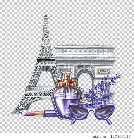 Perfume bottle, lavender flowers, fashion glasses, lipstick against the background of France's landmarks. Hand-drawn watercolor illustrations. Beauty and fashion in Paris. For flyers, banner, postcard 127803132