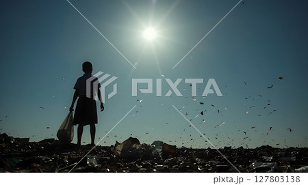 Child cleaning trash site sunny day plastic waste collection 127803138