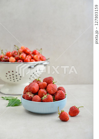 Ripe strawberries in a blue bowl and a white enamel colander full of sweet cherries 127803159