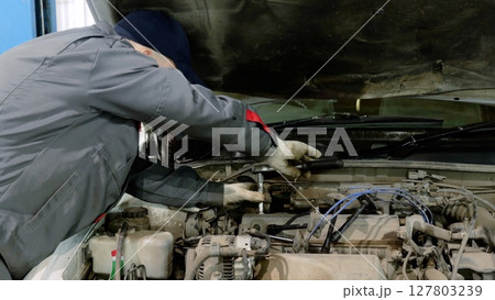 Skilled technician repairing automotive engine, handling specialized tools while performing maintenance work inside clean, organized professional workshop Skilled technician repairing automotive engine, handling specialized tools while performing maintenance work inside clean, organized professional workshop 127803239