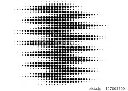 Abstract halftone design with circular dot waves forming a black shape on white background. 127803390