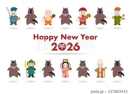 一列に並んだ馬と七福神の2026年（午年）年賀状 127803415