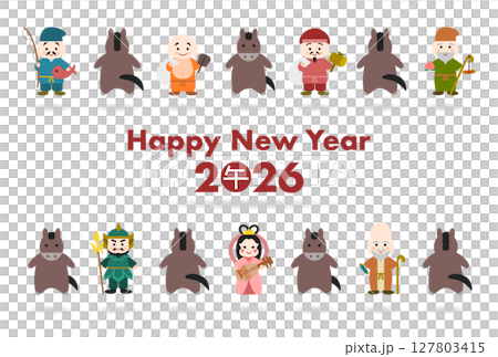 一列に並んだ馬と七福神の2026年（午年）年賀状 127803415