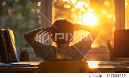 Elementary school student relaxing at sunset with hands behind head after finishing homework, enjoying the golden hour light from the window in his room 127803459
