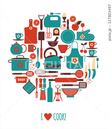kitchen utensils and cooking icons in circle 127803497