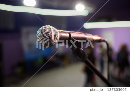 Vibrantly Colorful Microphones are Prepared and Ready for an Exciting Performance 127803605