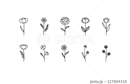 Minimal Bloom Icons. A clean grid of simple floral icons with rounded petals and slender stems, perfect for patterns, digital use, and botanical branding. 127804310