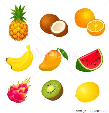 Tropical and Exotic Fruits Collection Colorful Vector Set of Pineapple, Coconut, Orange, Banana, Mango, Watermelon, Dragonfruit Kiwi and Lemon Isolated on White Background 127804329