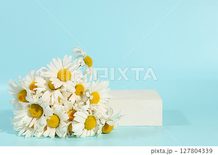 Empty podium with beautiful flowers of garden chamomile and mallow.Abstract flower arrangement,banner.Creative template for your design.Minimal modern aesthetics, elegant beauty concept Empty podium with beautiful flowers of garden chamomile and mallow.Abstract flower arrangement,banner.Creative template for your design.Minimal modern aesthetics, elegant beauty concept 127804339